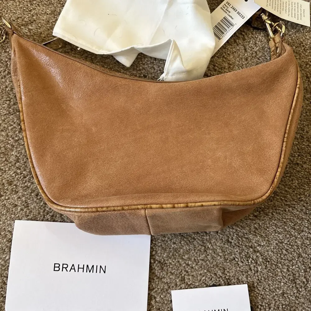 Brahmin Percy Tan Adrift Crescent‎ Crossbody Medium Handbag Leather Gold NWT